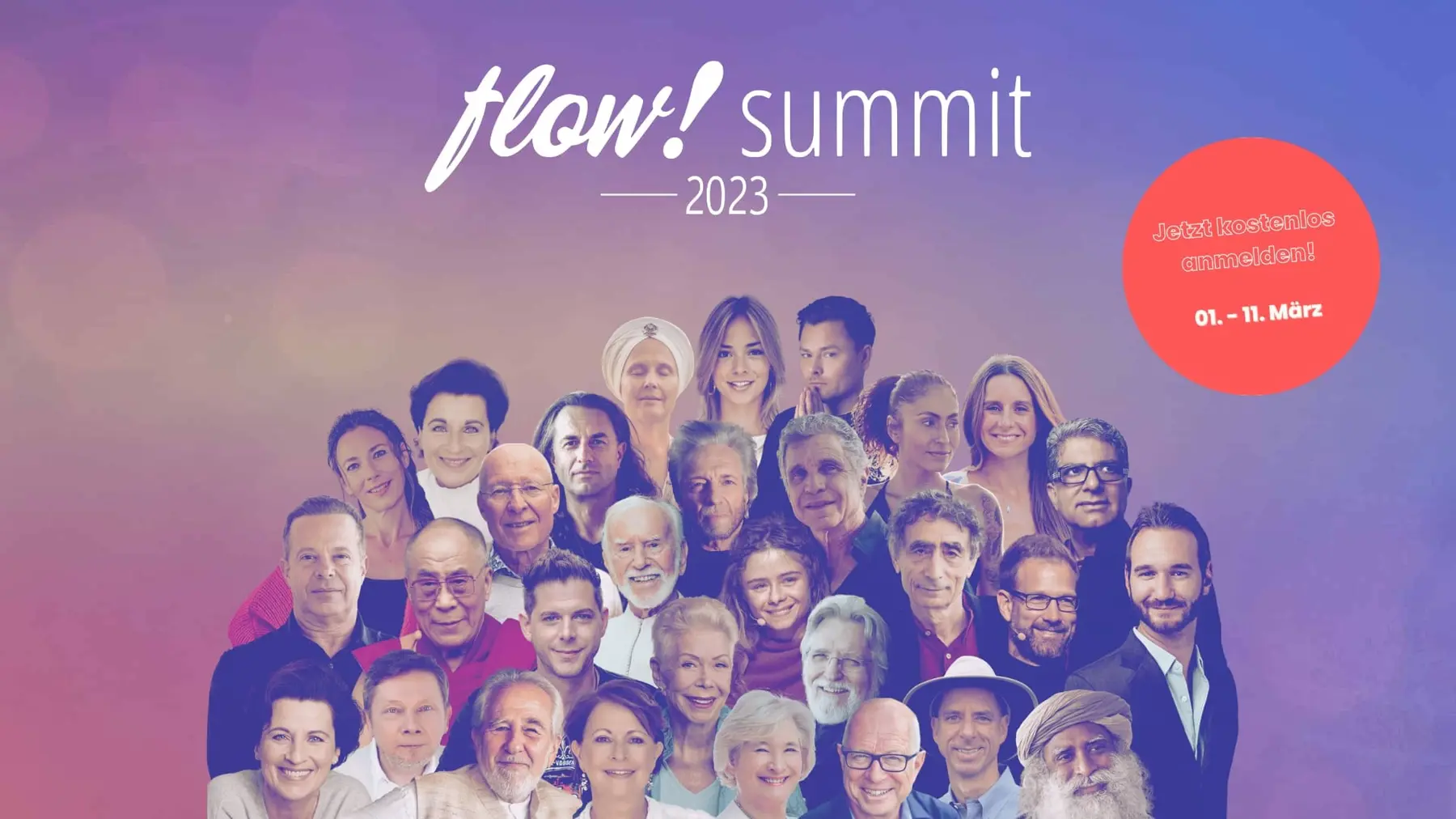 Werbebild „flow! summit 2023“ mit Porträts vieler Referentinnen und Referenten