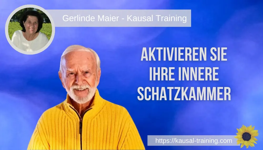 Titelbild „Aktivieren Sie Ihre innere Schatzkammer“: Kurt Tepperwein vor blauem Hintergrund, oben links ein Porträt von Gerlinde Maier