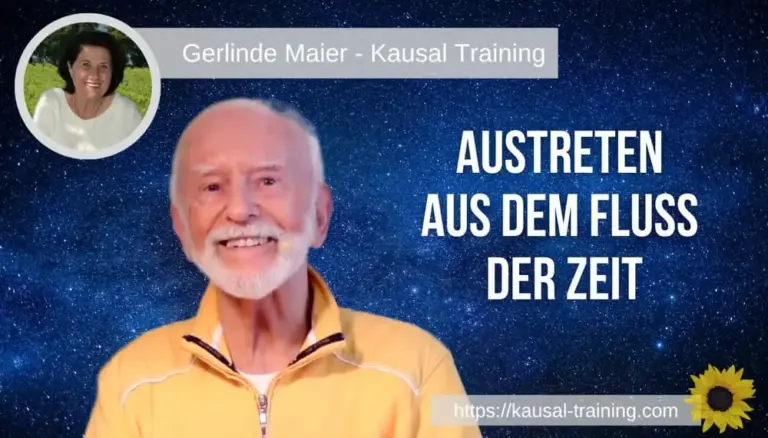 Titelbild „Austreten aus dem Fluss der Zeit“: Kurt Tepperwein vor Sternenhimmel, oben links ein Porträt von Gerlinde Maier