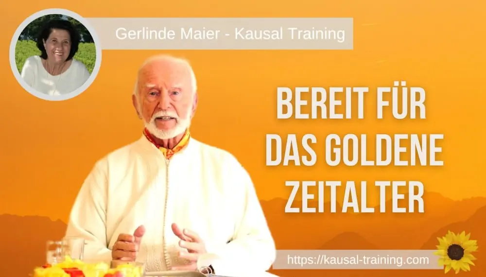 Titelbild „Bereit für das goldene Zeitalter“: Kurt Tepperwein vor orangefarbenem Hintergrund, oben links ein Porträt von Gerlinde Maier