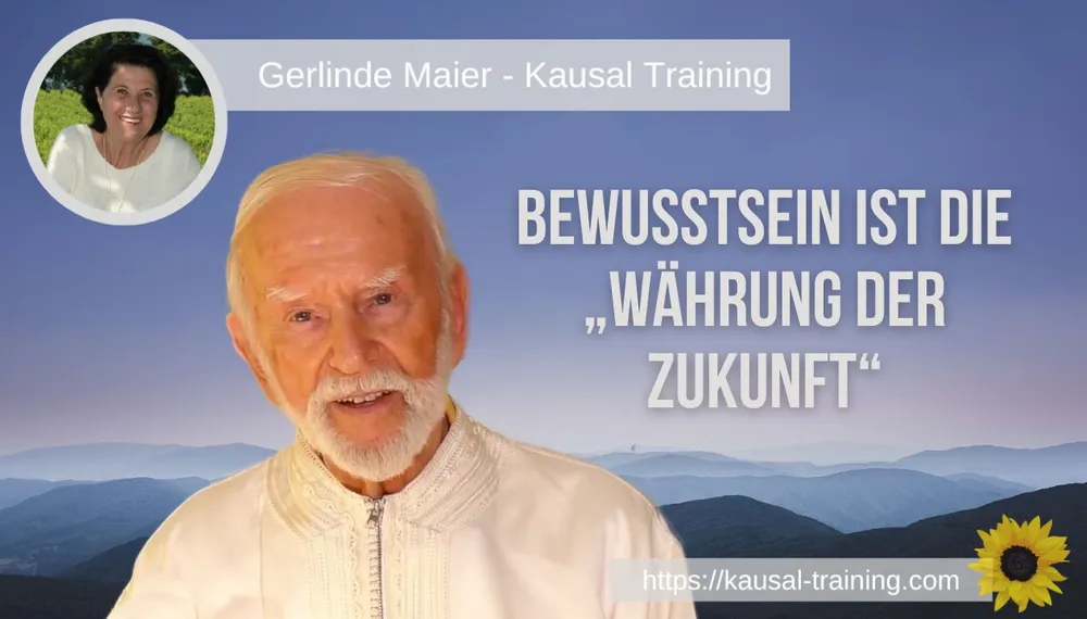 Titelbild „Bewusstsein ist die Währung der Zukunft“: Kurt Tepperwein vor blauen Bergketten, oben links ein Porträt von Gerlinde Maier