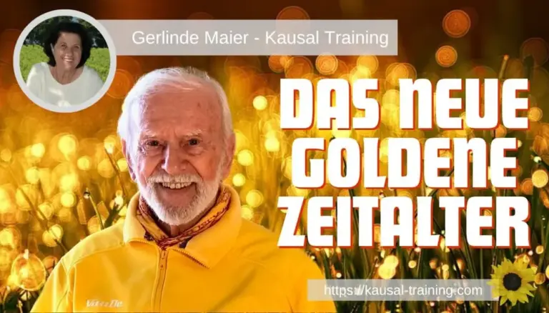 Titelbild „Das neue goldene Zeitalter“: Kurt Tepperwein vor goldenen Lichtern, oben links ein Porträt von Gerlinde Maier