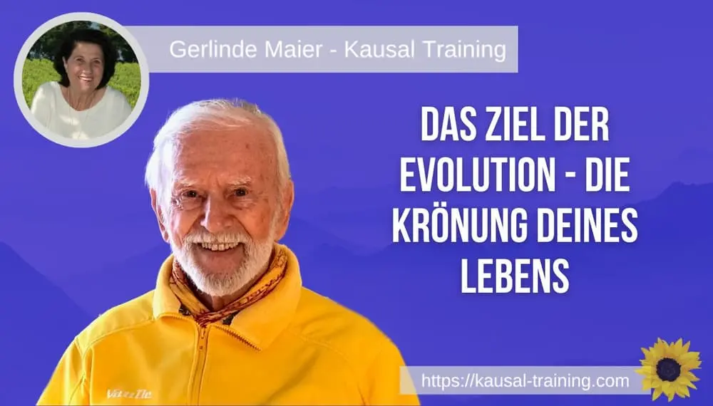 Titelbild „Das Ziel der Evolution – die Krönung deines Lebens“: Kurt Tepperwein vor violettem Hintergrund, oben links ein Porträt von Gerlinde Maier