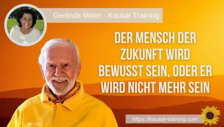 Titelbild „Der Mensch der Zukunft wird bewusst sein, oder er wird nicht mehr sein“: Kurt Tepperwein vor orangefarbenem Abendhimmel, oben links ein Porträt von Gerlinde Maier