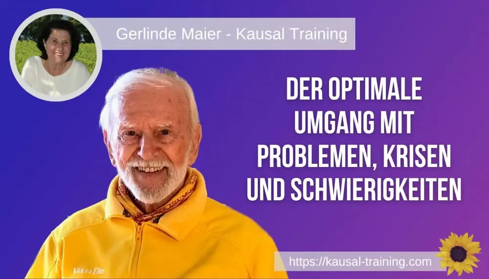 Titelbild „Der optimale Umgang mit Problemen, Krisen und Schwierigkeiten“: Kurt Tepperwein vor violettem Hintergrund, oben links ein Porträt von Gerlinde Maier