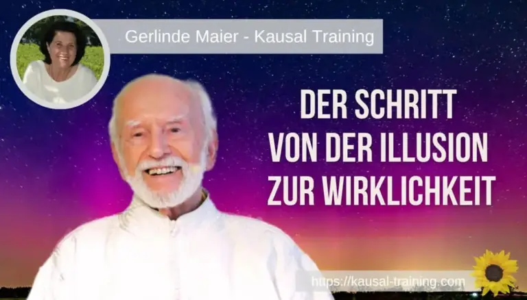 Titelbild „Der Schritt von der Illusion zur Wirklichkeit“: Kurt Tepperwein vor Sternenhimmel, oben links ein Porträt von Gerlinde Maier