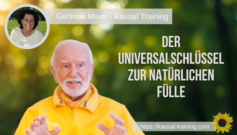 Titelbild „Der Universalschlüssel zur natürlichen Fülle“: Kurt Tepperwein vor grünem Wald im Gegenlicht, oben links ein Porträt von Gerlinde Maier