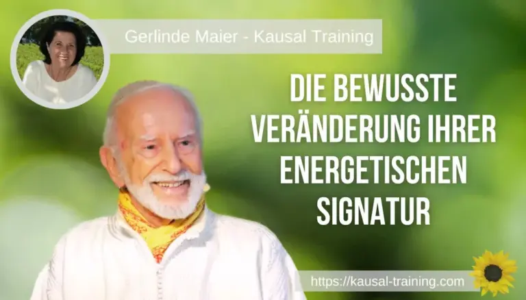 Titelbild „Die bewusste Veränderung Ihrer energetischen Signatur“: Kurt Tepperwein vor hellgrünem Hintergrund, oben links ein Porträt von Gerlinde Maier