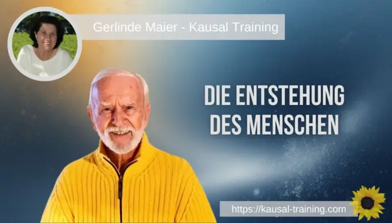 Titelbild „Die Entstehung des Menschen“: Kurt Tepperwein vor blauem Sternenhimmel, oben links ein Porträt von Gerlinde Maier