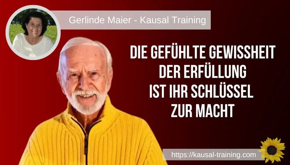 Titelbild „Die gefühlte Gewissheit der Erfüllung ist Ihr Schlüssel zur Macht“: Kurt Tepperwein vor dunkelrotem Hintergrund, oben links ein Porträt von Gerlinde Maier