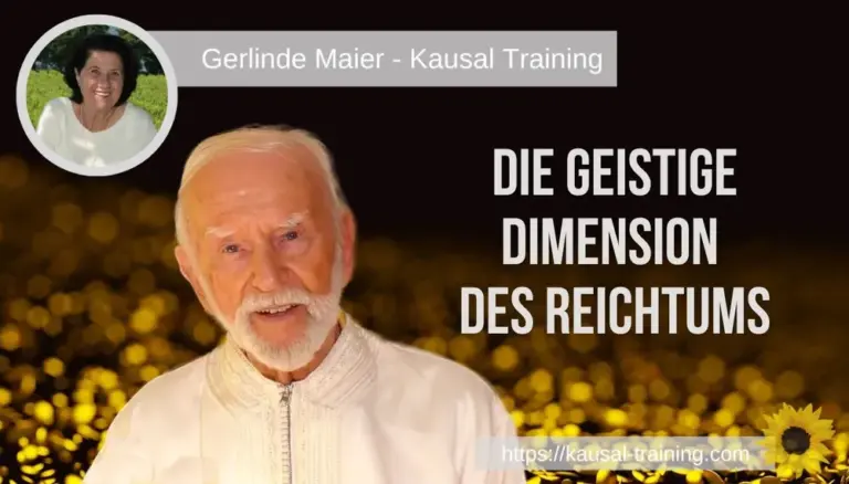 Titelbild „Die geistige Dimension des Reichtums“: Kurt Tepperwein vor goldenen Lichtern, oben links ein Porträt von Gerlinde Maier