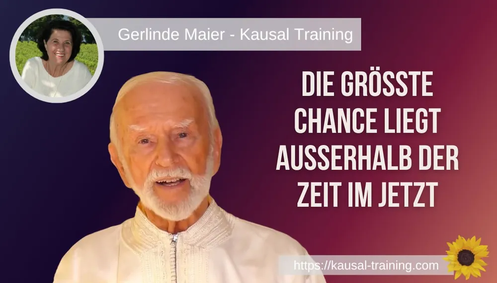 Titelbild „Die größte Chance liegt außerhalb der Zeit im JETZT“: Kurt Tepperwein vor violett-rotem Hintergrund, oben links ein Porträt von Gerlinde Maier