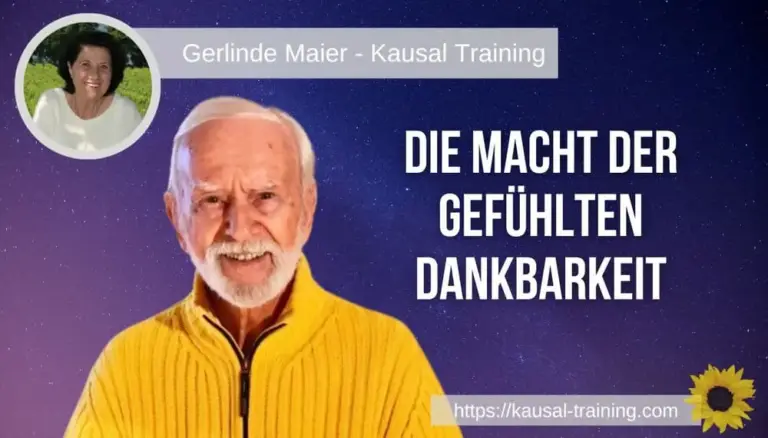 Titelbild „Die Macht der gefühlten Dankbarkeit“: Kurt Tepperwein vor violettem Sternenhimmel, oben links ein Porträt von Gerlinde Maier