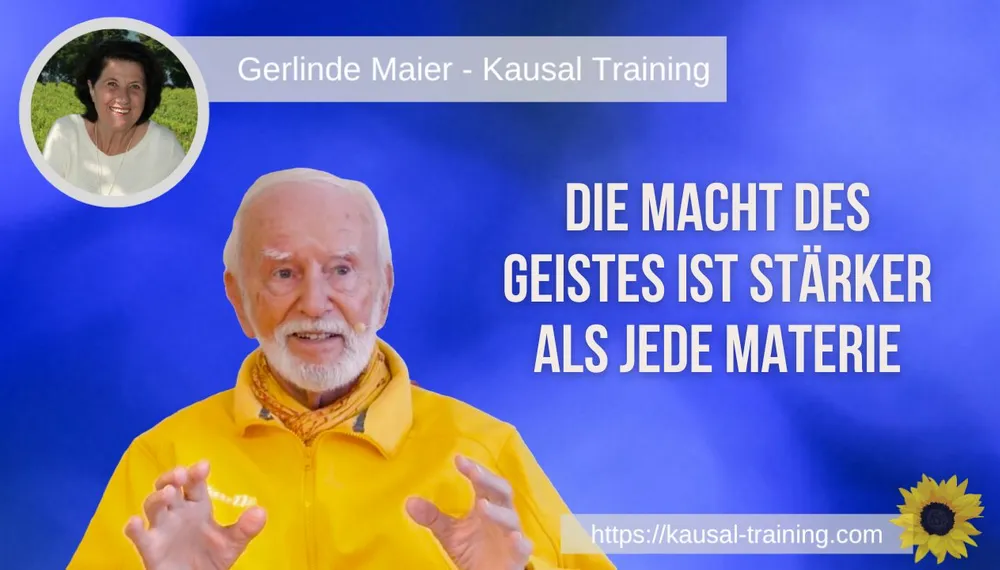 Titelbild „Die Macht des Geistes ist stärker als jede Materie“: Kurt Tepperwein vor blauem Hintergrund, oben links ein Porträt von Gerlinde Maier