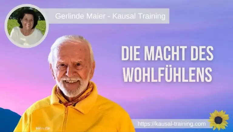 Titelbild „Die Macht des Wohlfühlens“: Kurt Tepperwein vor rosa-violettem Himmel, oben links ein Porträt von Gerlinde Maier