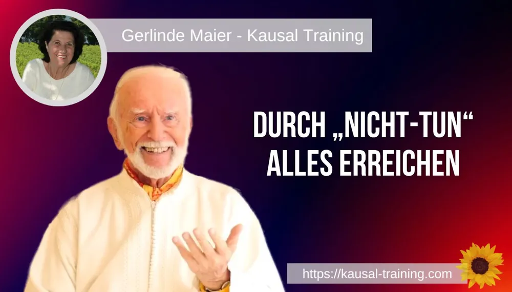 Titelbild „Durch „Nicht-Tun“ alles erreichen“: Kurt Tepperwein vor dunkelrotem Hintergrund, oben links ein Porträt von Gerlinde Maier