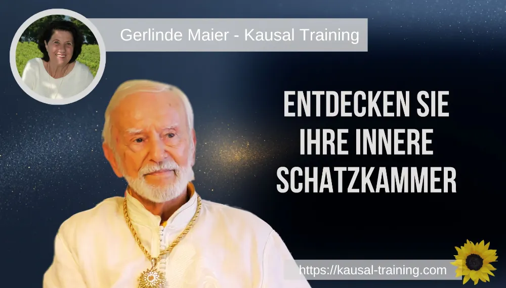 Titelbild „Entdecken Sie Ihre innere Schatzkammer“: Kurt Tepperwein vor dunklem Sternenhimmel, oben links ein Porträt von Gerlinde Maier