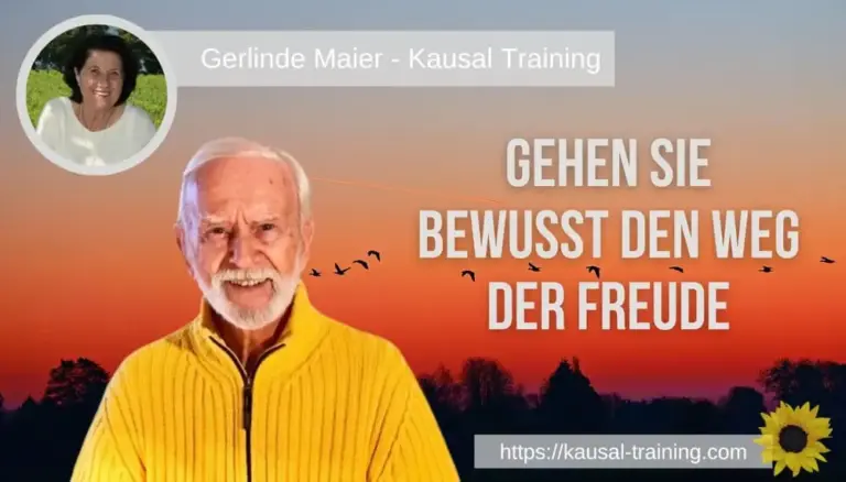 Titelbild „Gehen Sie bewusst den Weg der Freude“: Kurt Tepperwein vor Abendrot mit Vögeln, oben links ein Porträt von Gerlinde Maier