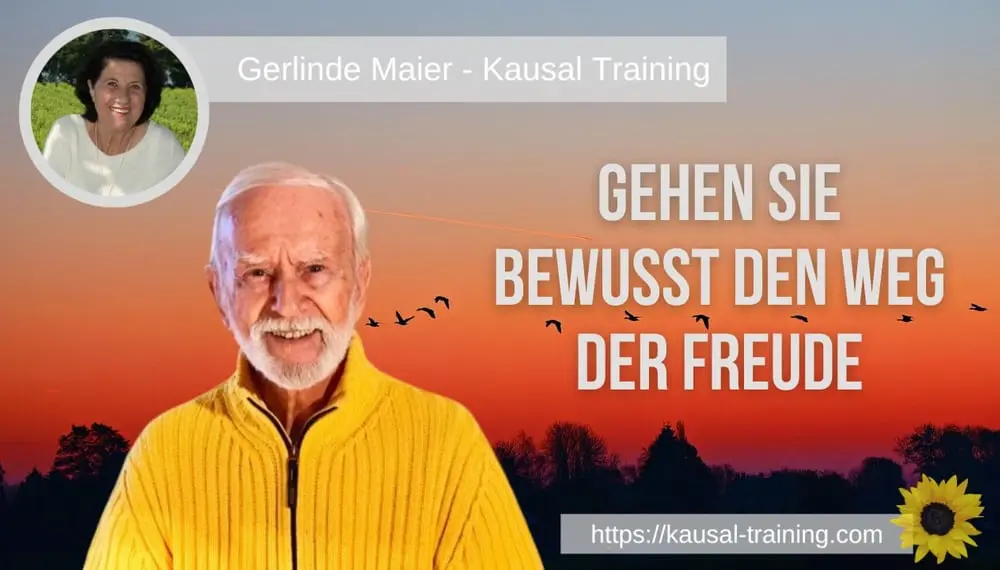 Titelbild „Gehen Sie bewusst den Weg der Freude“: Kurt Tepperwein vor Abendrot mit Vögeln, oben links ein Porträt von Gerlinde Maier