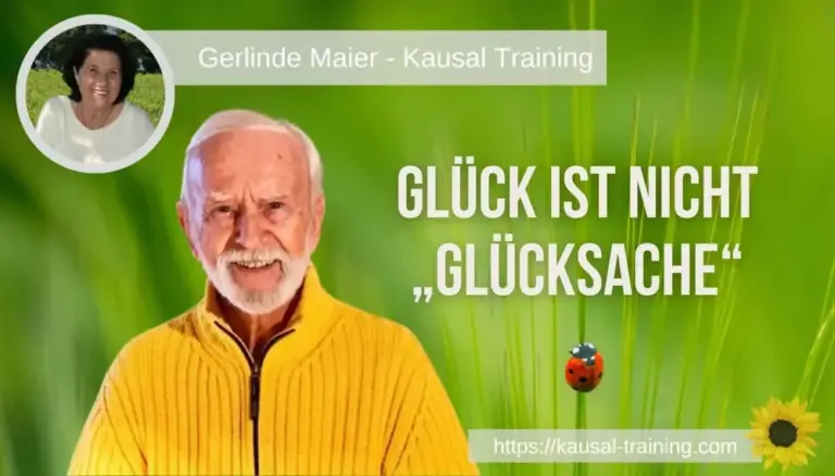 Titelbild „Glück ist nicht Glückssache“: Kurt Tepperwein vor grünen Gräsern mit Marienkäfer, oben links ein Porträt von Gerlinde Maier