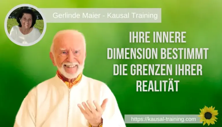 Titelbild „Ihre innere Dimension bestimmt die Grenzen Ihrer Realität“: Kurt Tepperwein vor grünem Hintergrund, oben links ein Porträt von Gerlinde Maier