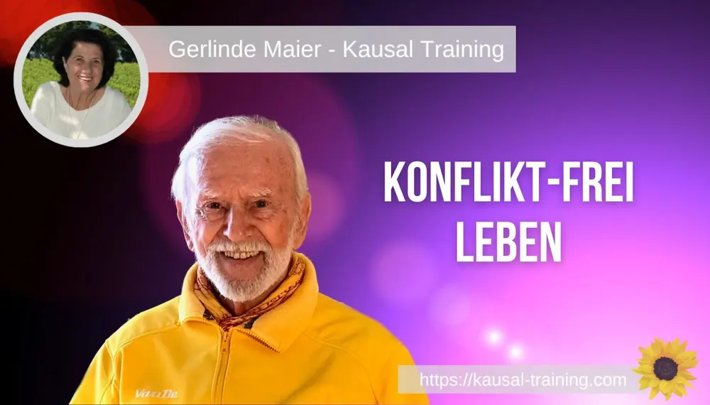 Titelbild „Konflikt-frei leben“: Kurt Tepperwein vor violettem Hintergrund, oben links ein Porträt von Gerlinde Maier