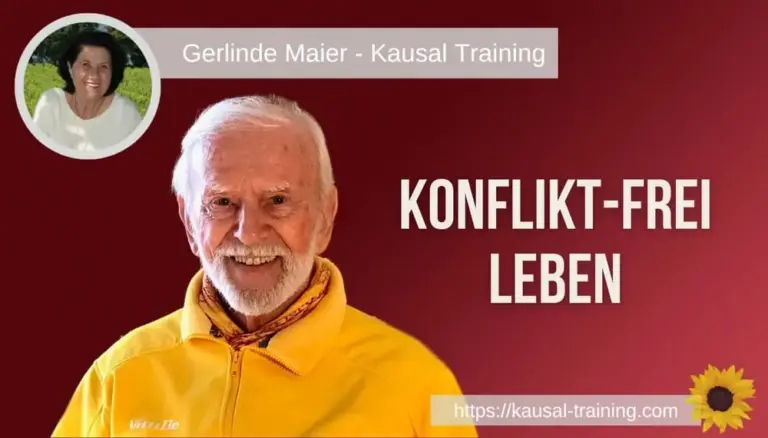 Titelbild „Konflikt-frei leben“: Kurt Tepperwein vor dunkelrotem Hintergrund, oben links ein Porträt von Gerlinde Maier