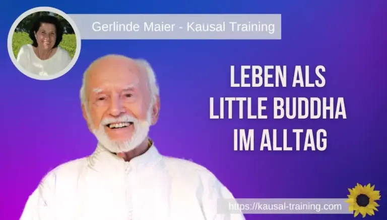 Titelbild „Leben als Little Buddha im Alltag“: Kurt Tepperwein vor violettem Hintergrund, oben links ein Porträt von Gerlinde Maier