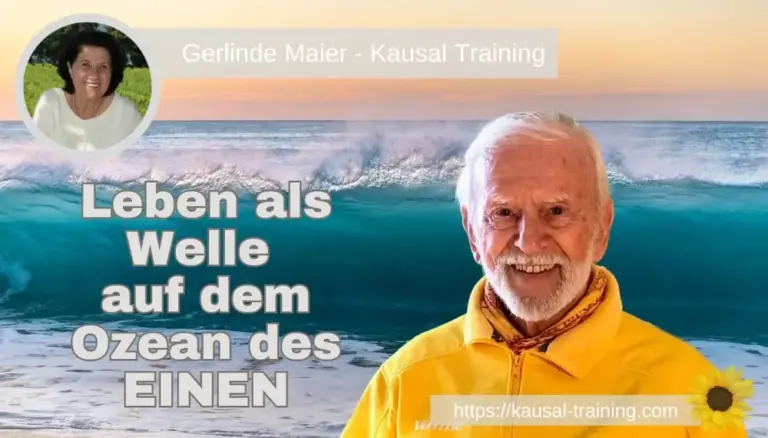 Titelbild „Leben als Welle auf dem Ozean des EINEN“: Kurt Tepperwein vor Meereswellen, oben links ein Porträt von Gerlinde Maier