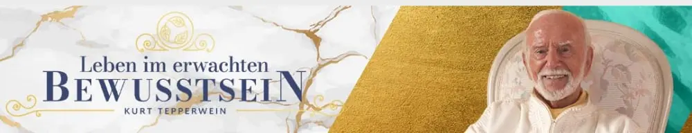 Schmales Werbebanner „Leben im erwachten Bewusstsein“ mit Kurt Tepperwein im Sessel vor Marmor und Gold