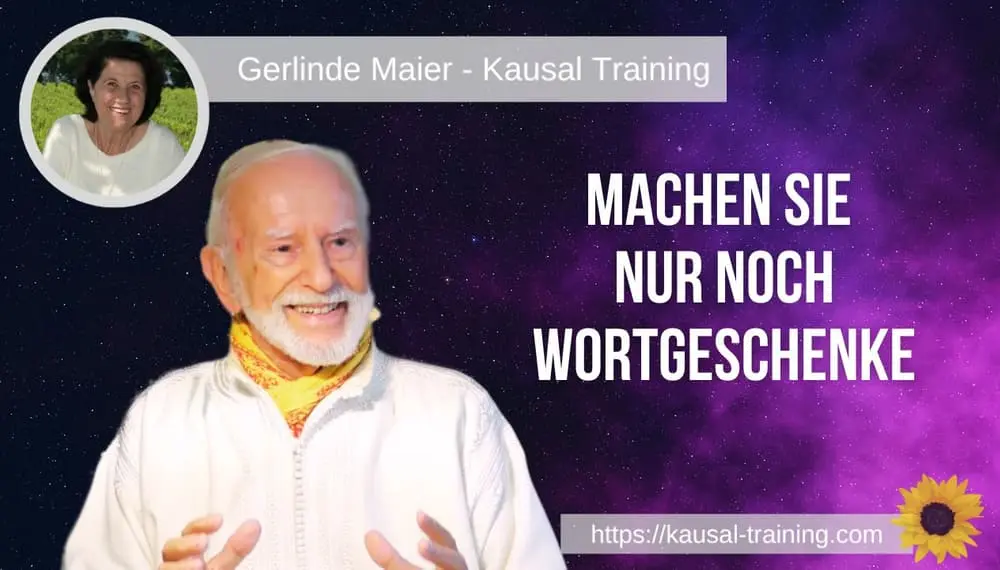 Titelbild „Machen Sie nur noch Wortgeschenke“: Kurt Tepperwein vor violettem Sternenhimmel, oben links ein Porträt von Gerlinde Maier