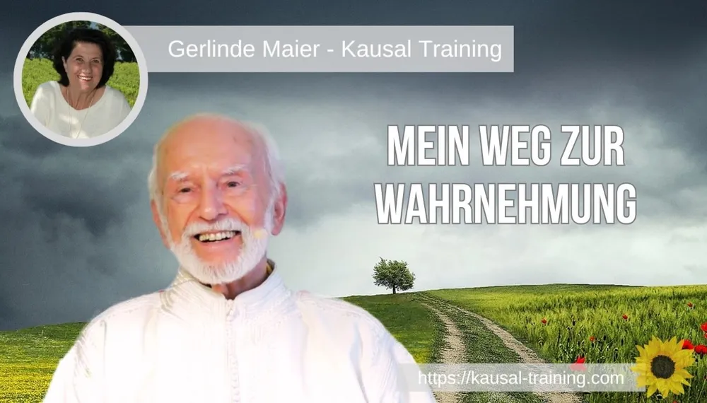 Titelbild „Mein Weg zur Wahrnehmung“: Kurt Tepperwein vor Wiese mit Feldweg und Baum, oben links ein Porträt von Gerlinde Maier