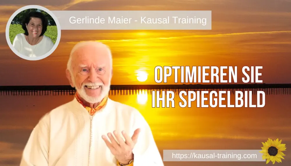 Titelbild „Optimieren Sie Ihr Spiegelbild“: Kurt Tepperwein vor Sonnenuntergang am Wasser, oben links ein Porträt von Gerlinde Maier