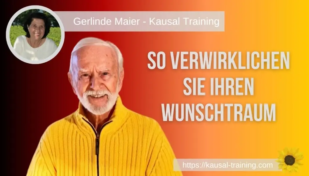 Titelbild „So verwirklichen Sie Ihren Wunschtraum“: Kurt Tepperwein vor rot-gelbem Farbverlauf, oben links ein Porträt von Gerlinde Maier