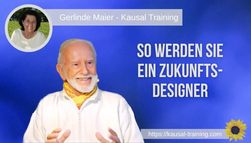 Titelbild „So werden Sie ein Zukunfts-Designer“: Kurt Tepperwein vor blauem Hintergrund, oben links ein Porträt von Gerlinde Maier