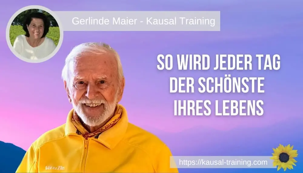 Titelbild „So wird jeder Tag der Schönste Ihres Lebens“: Kurt Tepperwein vor rosa-violettem Himmel, oben links ein Porträt von Gerlinde Maier