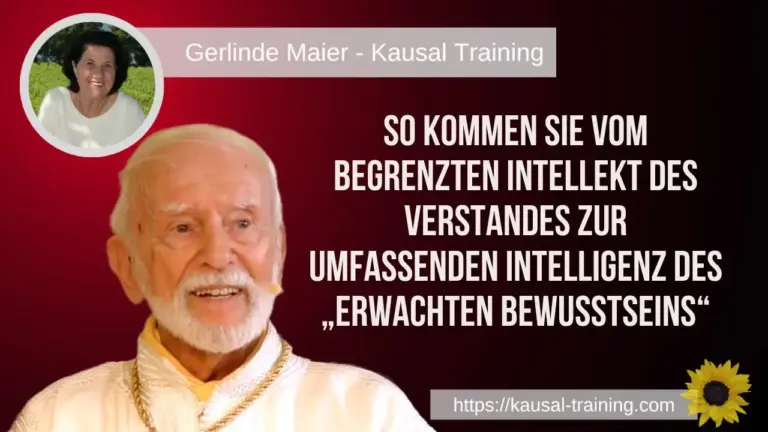 Titelbild „So kommen Sie vom begrenzten Intellekt des Verstandes zur umfassenden Intelligenz des erwachten Bewusstseins“: Kurt Tepperwein vor dunkelrotem Hintergrund, oben links ein Porträt von Gerlinde Maier