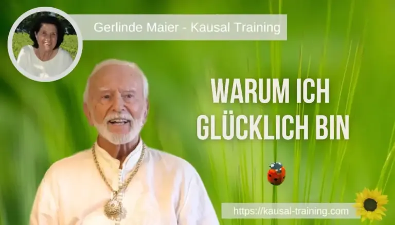 Titelbild „Warum ich glücklich bin“: Kurt Tepperwein vor grünen Gräsern mit Marienkäfer, oben links ein Porträt von Gerlinde Maier