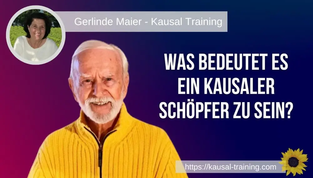 Titelbild „Was bedeutet es, ein kausaler Schöpfer zu sein?“: Kurt Tepperwein vor violettem Sternenhimmel, oben links ein Porträt von Gerlinde Maier