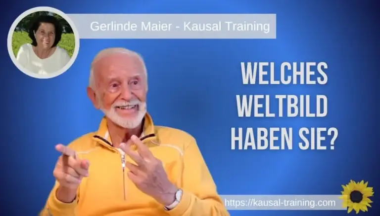 Titelbild „Welches Weltbild haben Sie?“: Kurt Tepperwein vor blauem Hintergrund, oben links ein Porträt von Gerlinde Maier