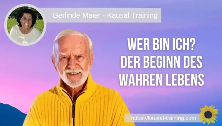 Titelbild „Wer bin ich? Der Beginn des wahren Lebens“: Kurt Tepperwein vor violettem Himmel, oben links ein Porträt von Gerlinde Maier