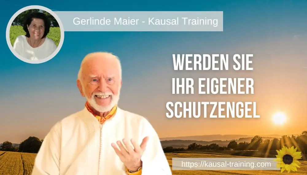 Titelbild „Werden Sie Ihr eigener Schutzengel“: Kurt Tepperwein vor Kornfeld im Sonnenuntergang, oben links ein Porträt von Gerlinde Maier