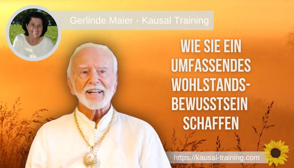 Titelbild „Wie Sie ein umfassendes Wohlstands-Bewusstsein schaffen“: Kurt Tepperwein vor orangefarbenem Abendhimmel, oben links ein Porträt von Gerlinde Maier