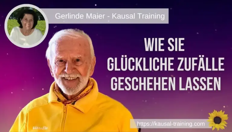 Titelbild „Wie Sie glückliche Zufälle geschehen lassen“: Kurt Tepperwein vor violettem Sternenhimmel, oben links ein Porträt von Gerlinde Maier