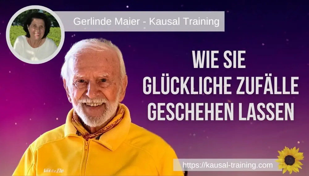 Titelbild „Wie Sie glückliche Zufälle geschehen lassen“: Kurt Tepperwein vor violettem Sternenhimmel, oben links ein Porträt von Gerlinde Maier