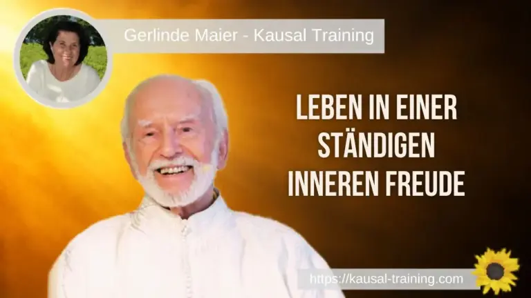Titelbild „Leben in einer ständigen inneren Freude“: Kurt Tepperwein vor golden-orangem, sonnigem Hintergrund, oben links ein Porträt von Gerlinde Maier