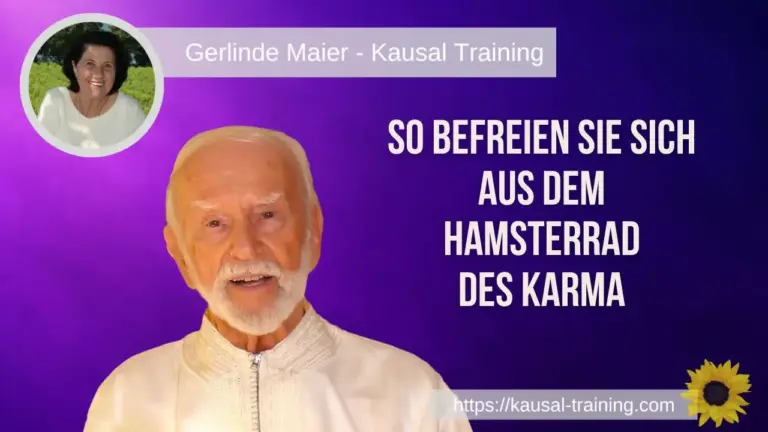 Titelbild „So befreien Sie sich aus dem Hamsterrad des Karma“: Kurt Tepperwein in weißem Gewand vor violettem Hintergrund, oben links ein Porträt von Gerlinde Maier