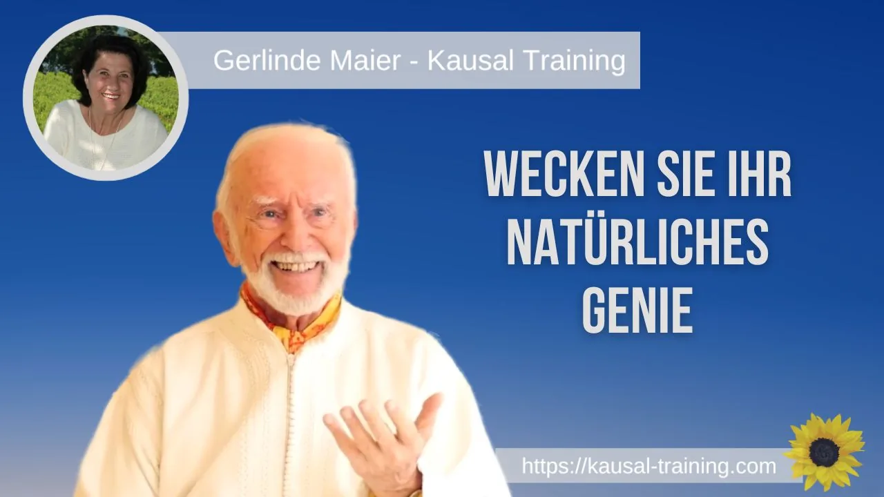 Titelbild „Wecken Sie Ihr natürliches Genie“: Kurt Tepperwein vor blauem Hintergrund, oben links ein Porträt von Gerlinde Maier